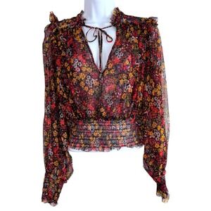 Free People Sheer Floral Mesh Smocked Top Size M Dark Fairy Coquette Boho Hippie